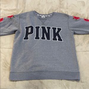 PINK Floral Sleeve Crew Neck Sweater